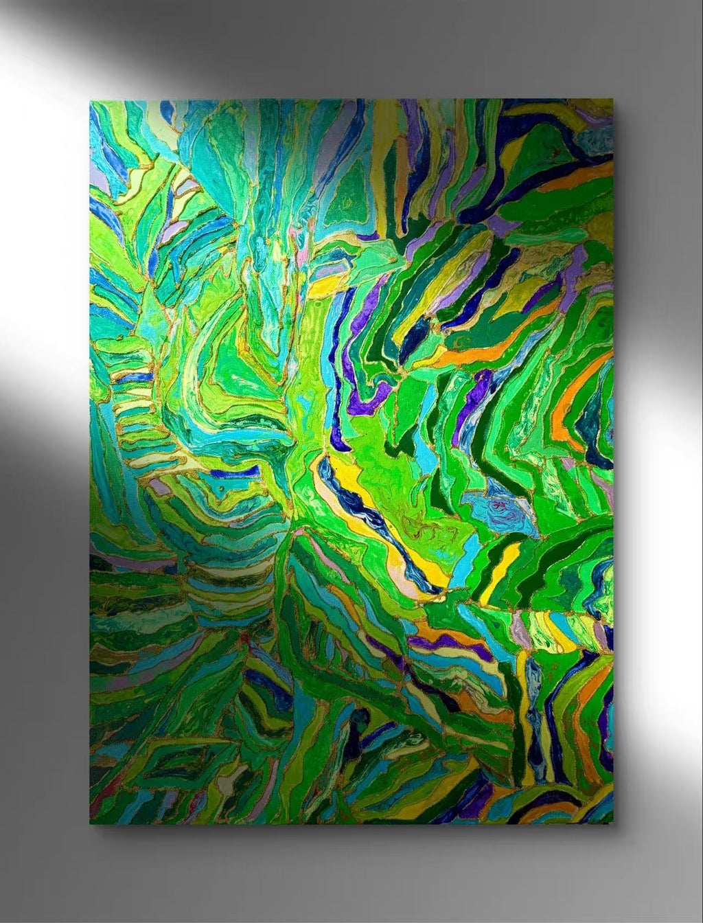 🌿 Spring Fields Textured Wall Art – Hand-Painted Gold Outline Green Landscape Painting