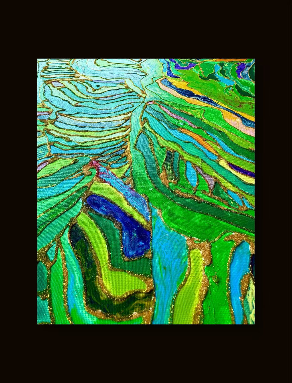🌿 Spring Fields Textured Wall Art – Hand-Painted Gold Outline Green Landscape Painting