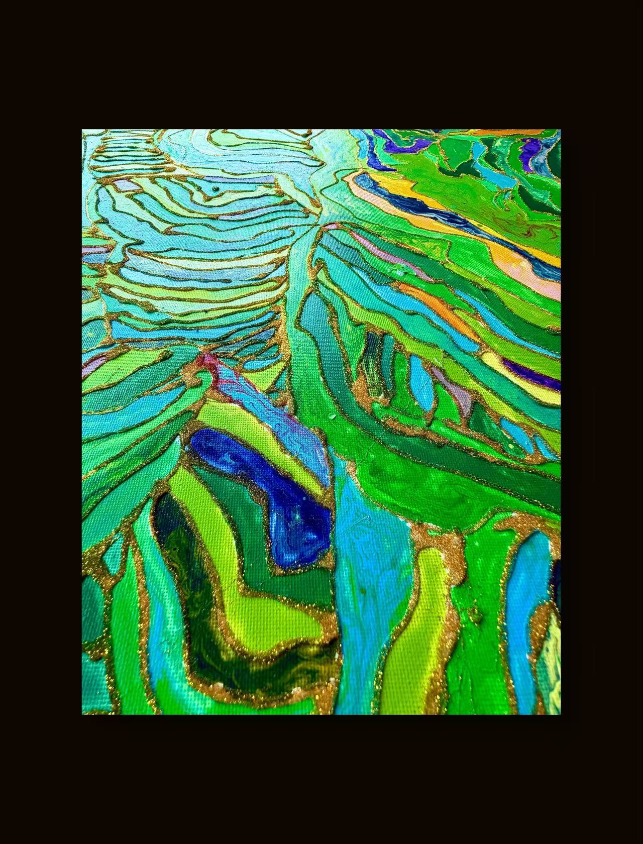 🌿 Spring Fields Textured Wall Art – Hand-Painted Gold Outline Green Landscape Painting