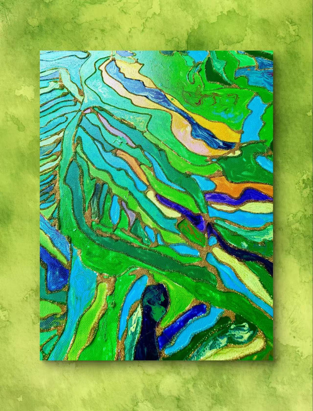 🌿 Spring Fields Textured Wall Art – Hand-Painted Gold Outline Green Landscape Painting