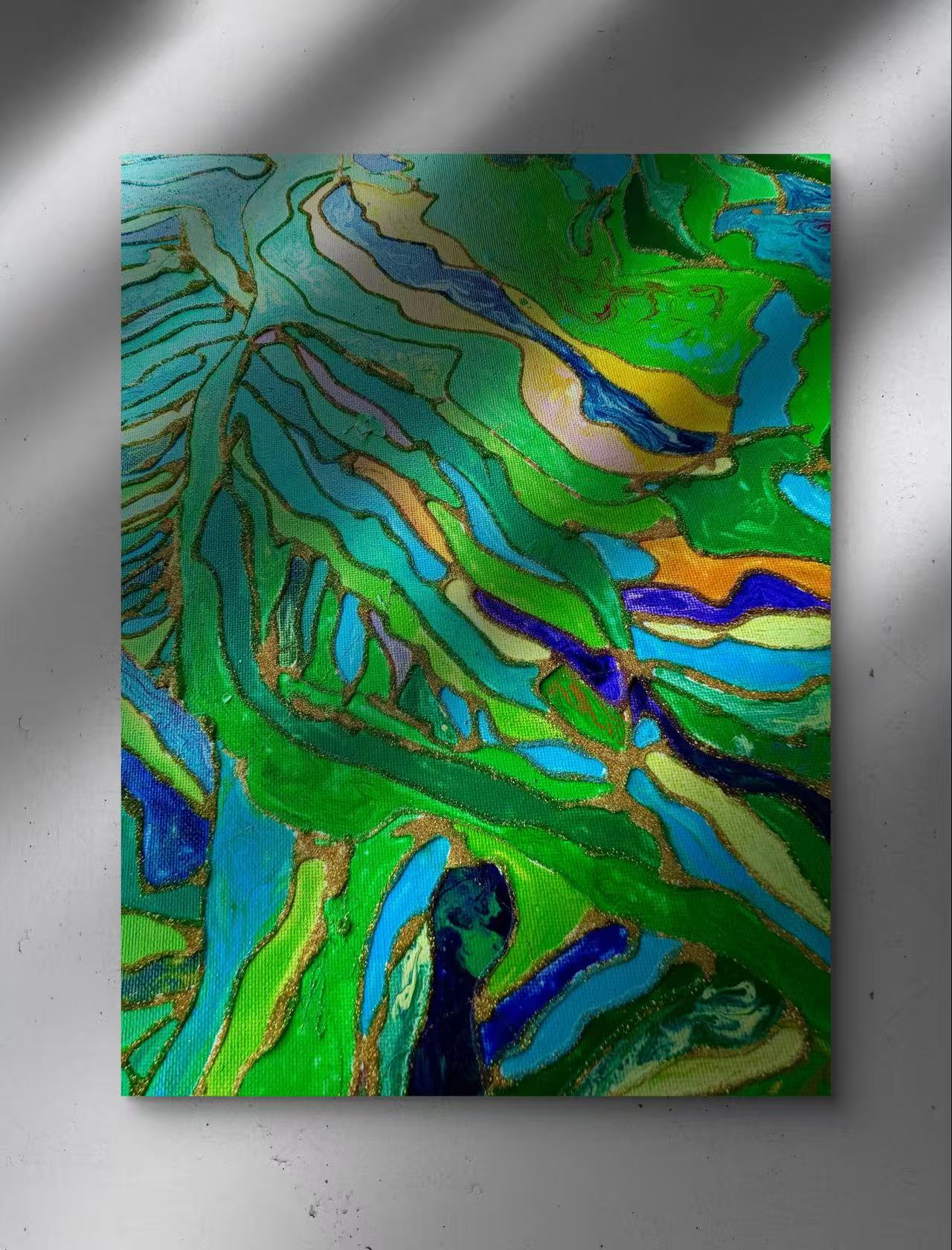 🌿 Spring Fields Textured Wall Art – Hand-Painted Gold Outline Green Landscape Painting