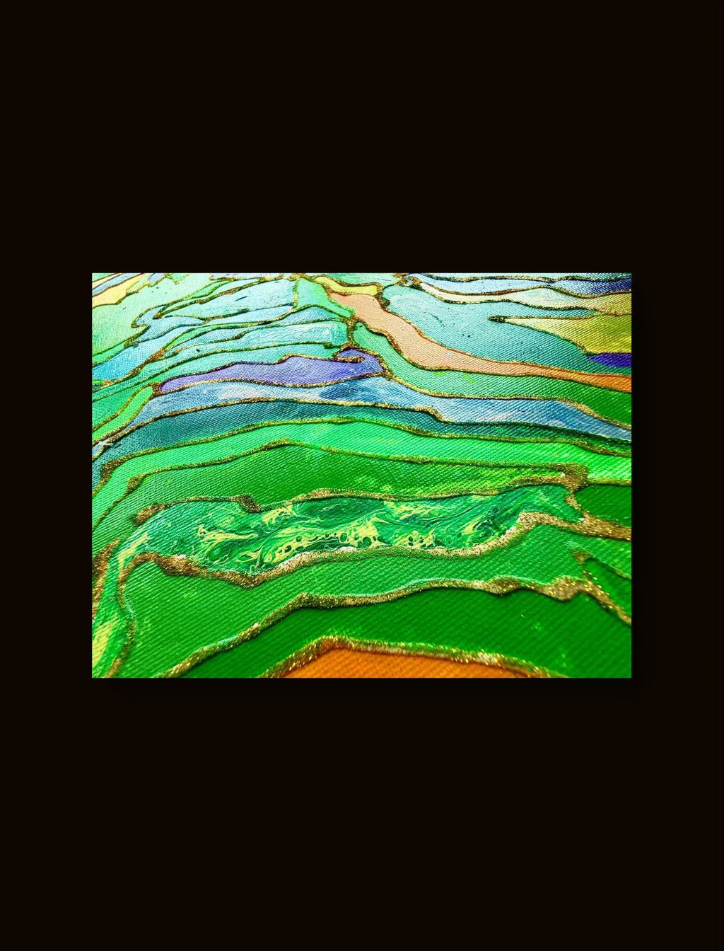 🌿 Spring Fields Textured Wall Art – Hand-Painted Gold Outline Green Landscape Painting