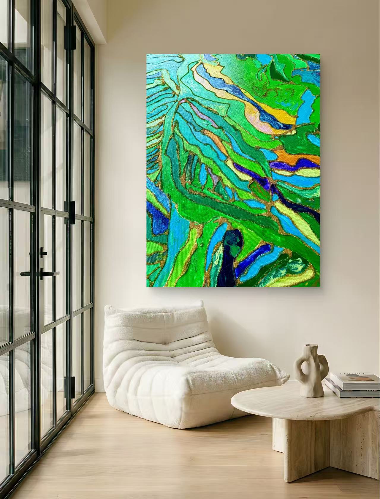 🌿 Spring Fields Textured Wall Art – Hand-Painted Gold Outline Green Landscape Painting