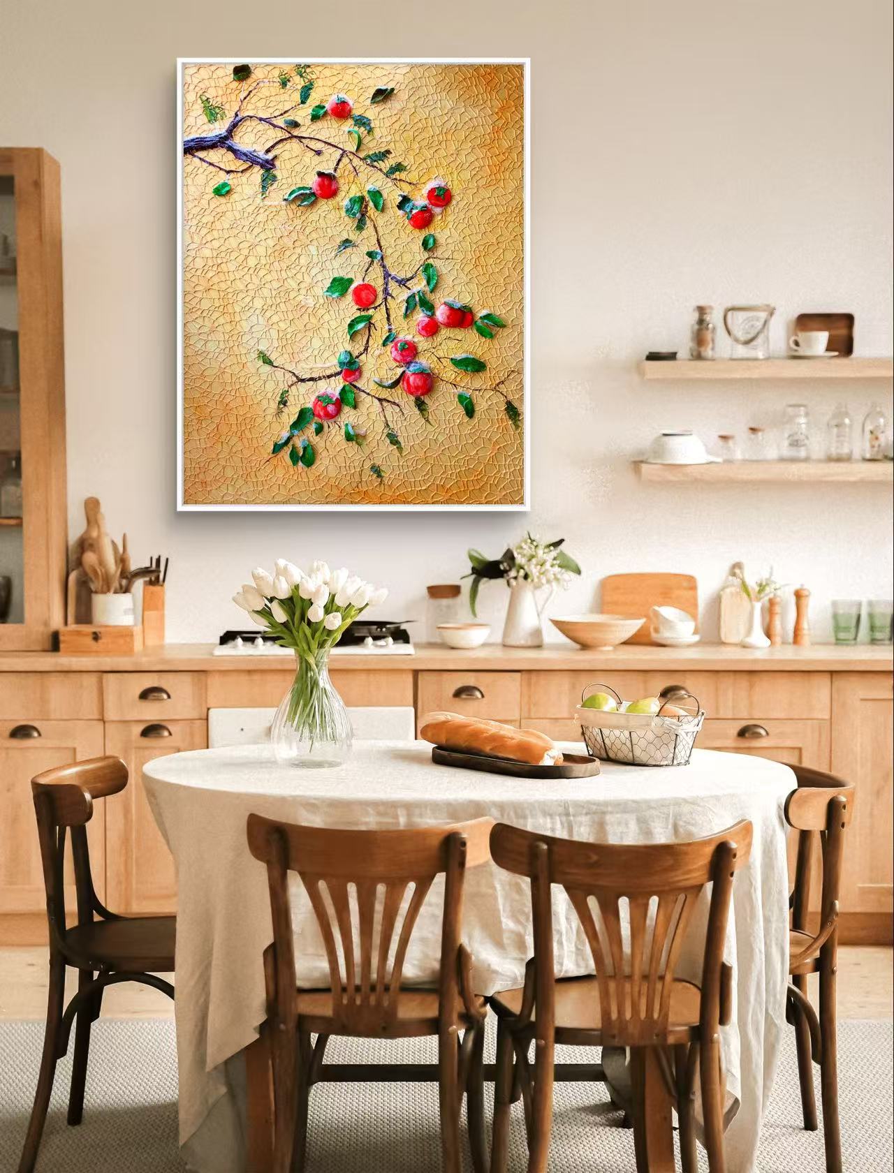 🍊 Persimmon Blessings 3D Textured Wall Art – Handcrafted Good Fortune Painting for Home Decor