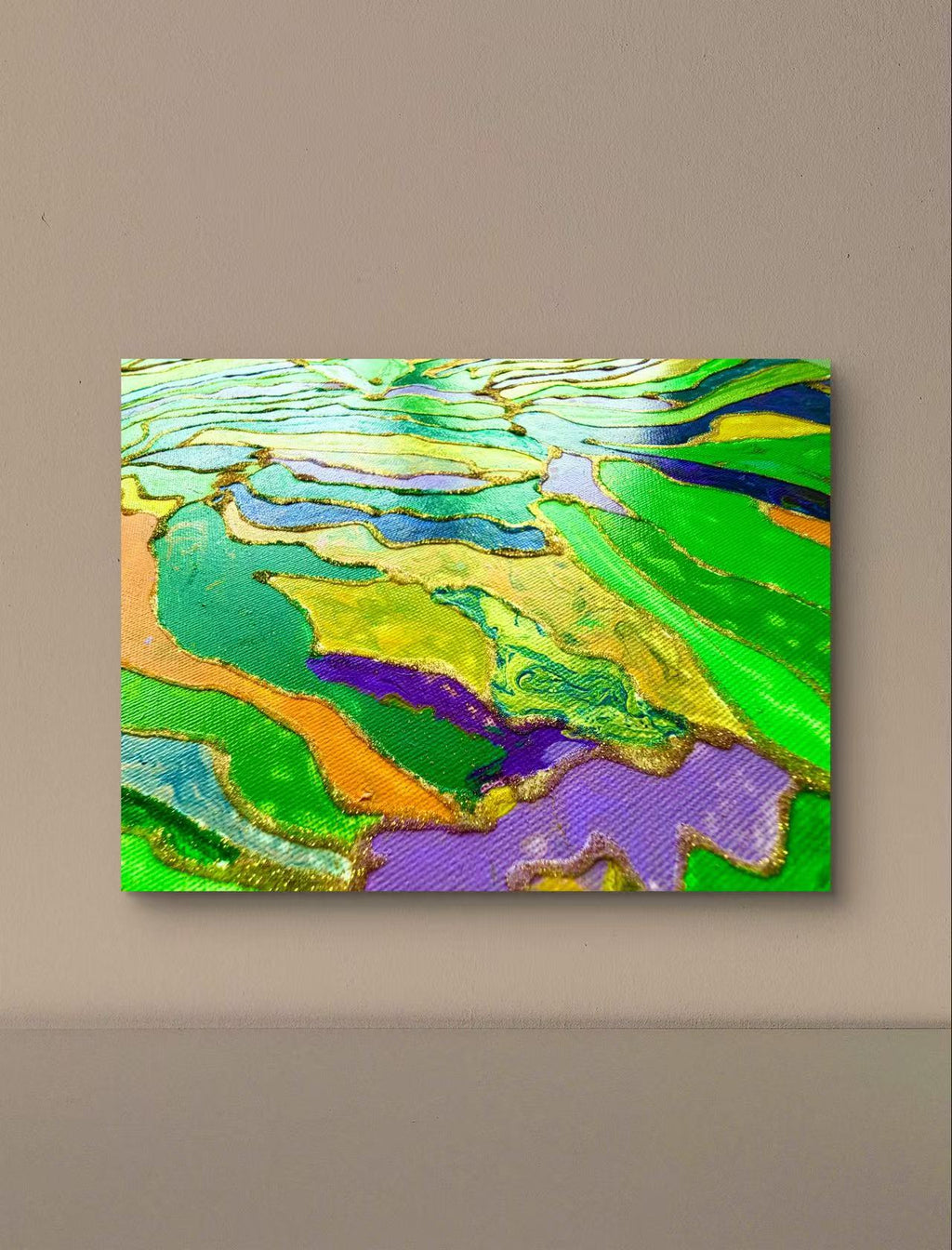 🌿 Spring Fields Textured Wall Art – Hand-Painted Gold Outline Green Landscape Painting