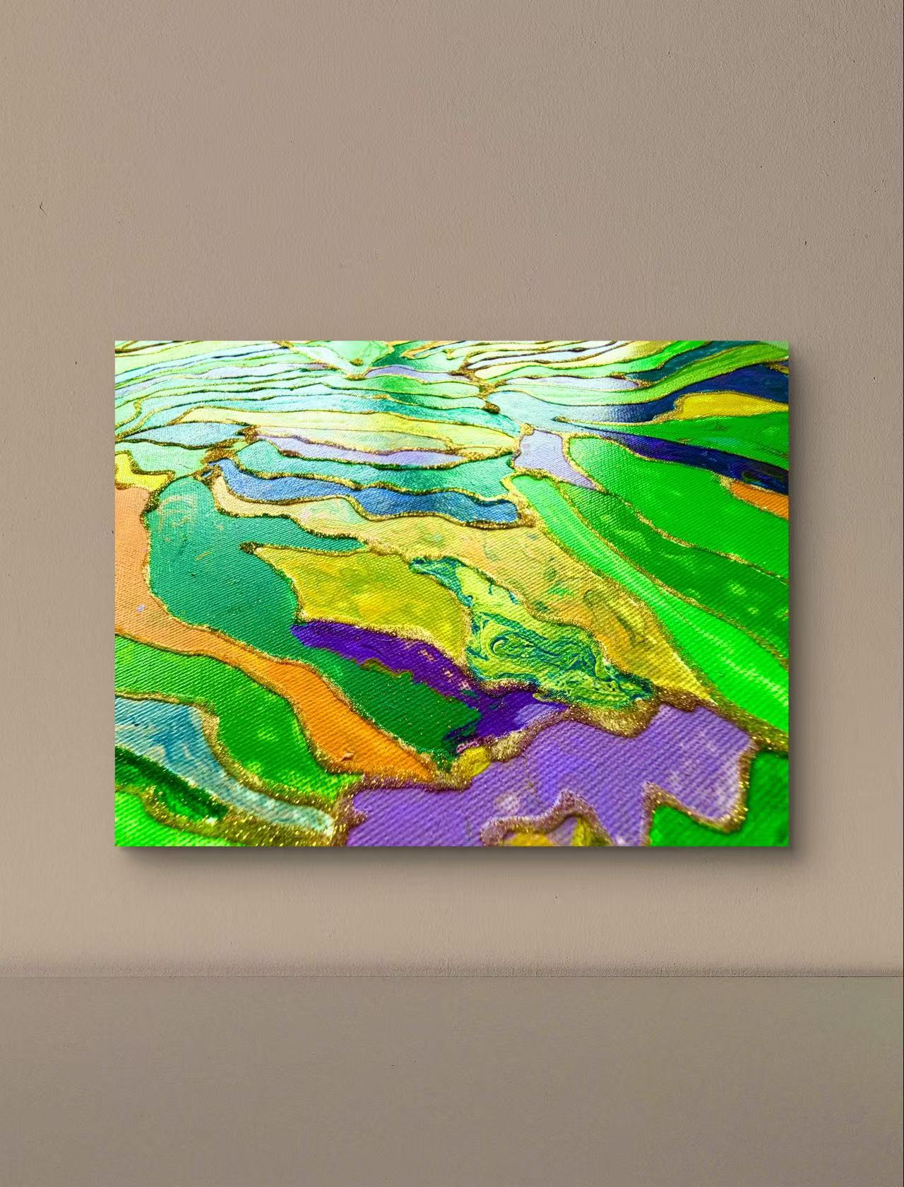 🌿 Spring Fields Textured Wall Art – Hand-Painted Gold Outline Green Landscape Painting