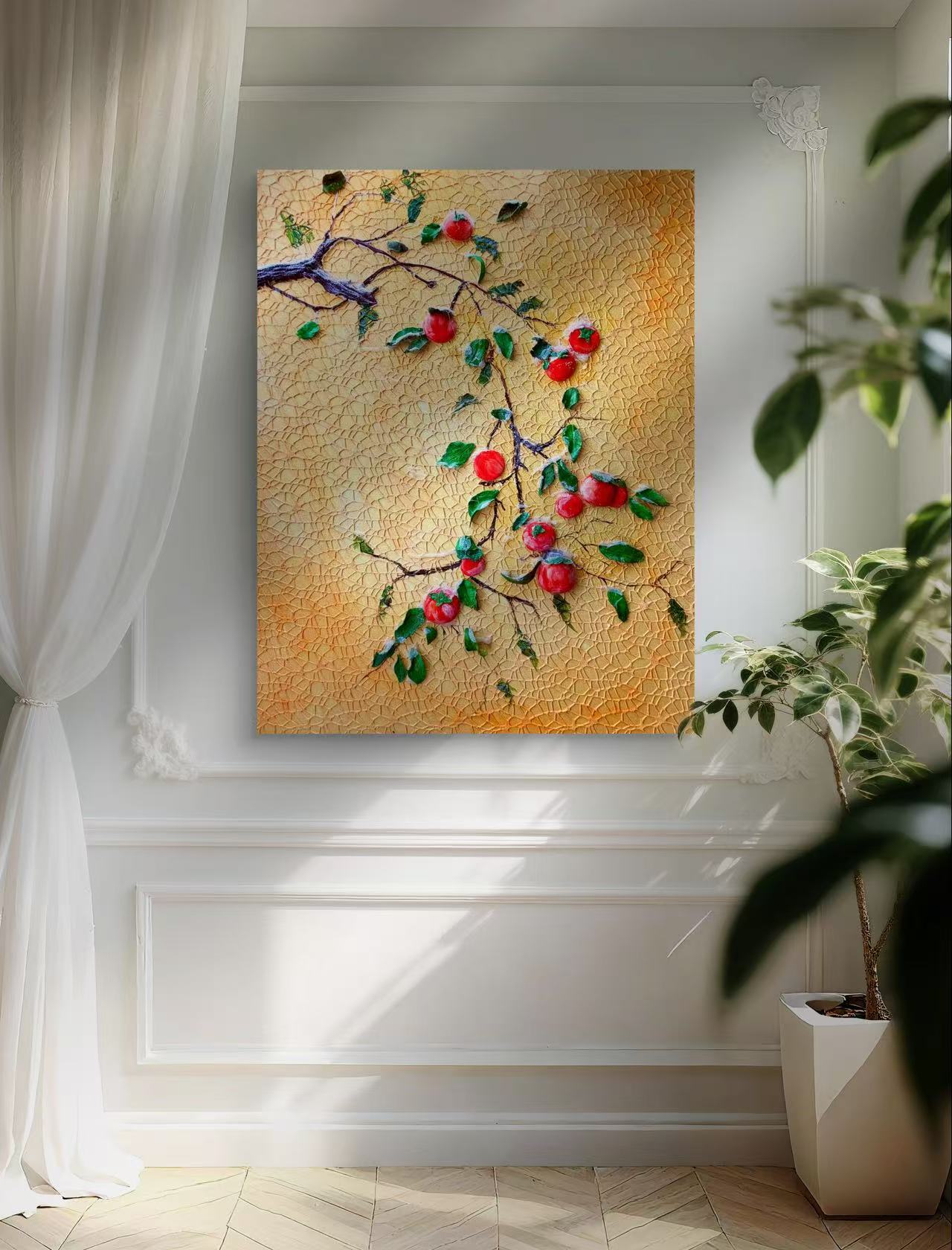 🍊 Persimmon Blessings 3D Textured Wall Art – Handcrafted Good Fortune Painting for Home Decor