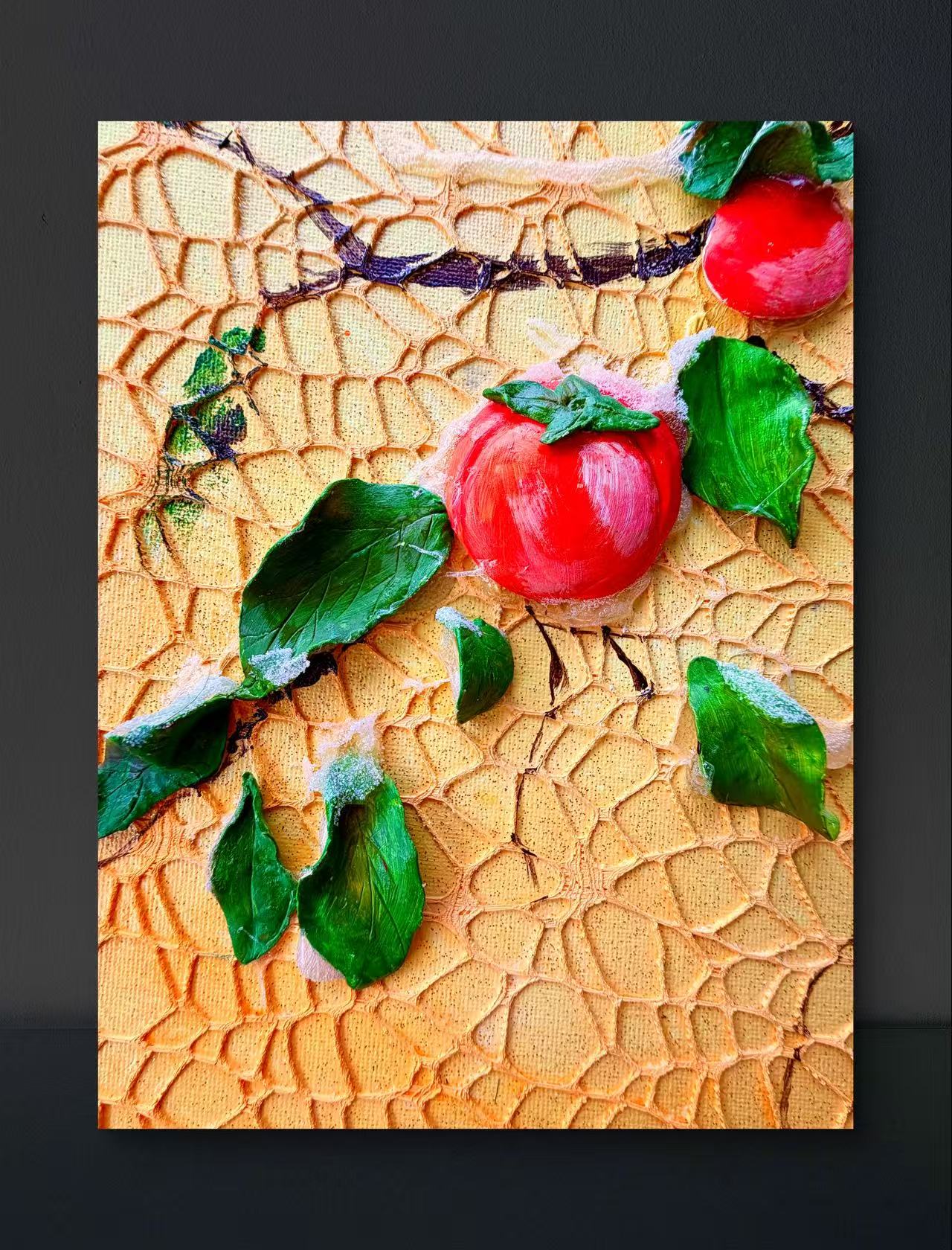 🍊 Persimmon Blessings 3D Textured Wall Art – Handcrafted Good Fortune Painting for Home Decor
