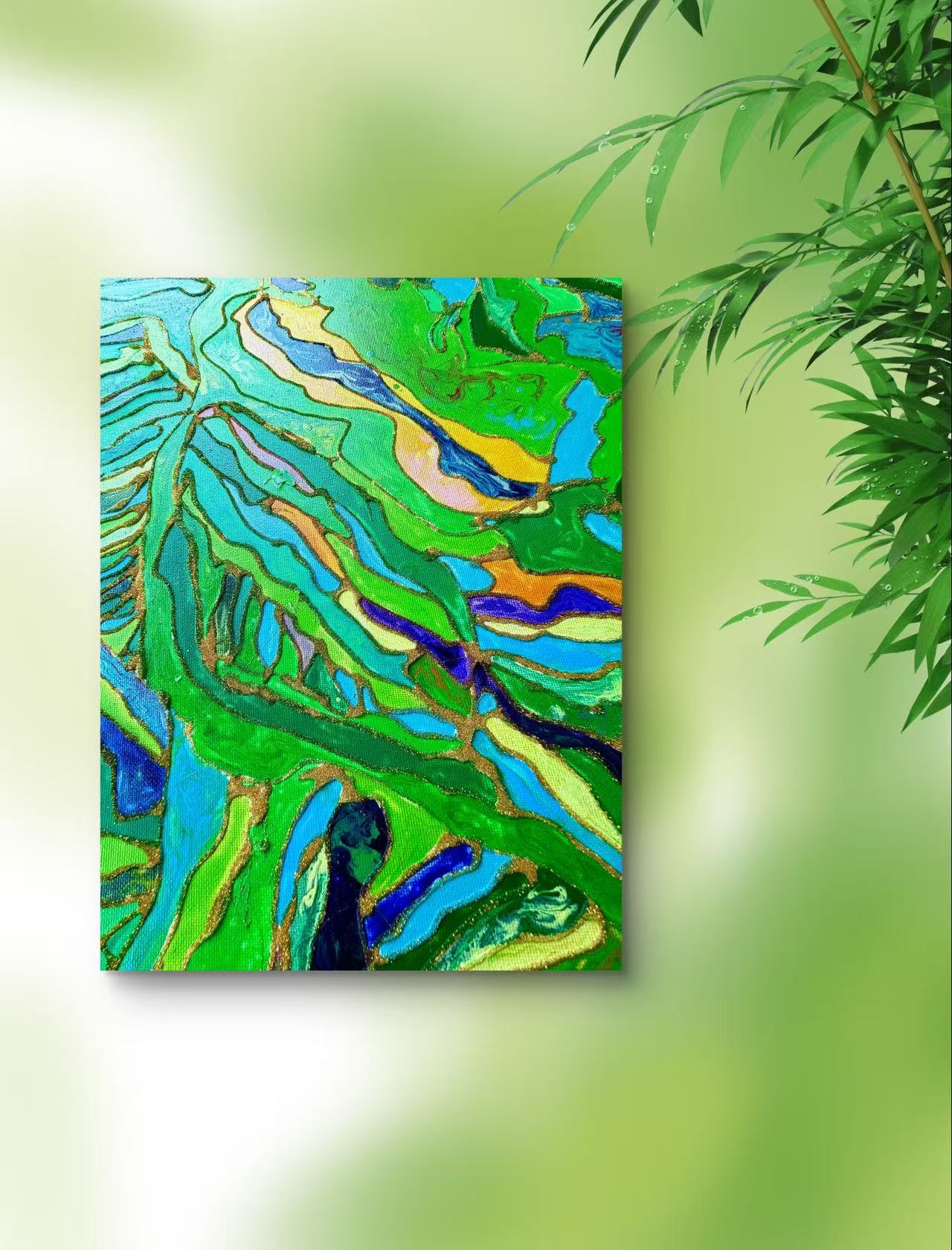 🌿 Spring Fields Textured Wall Art – Hand-Painted Gold Outline Green Landscape Painting