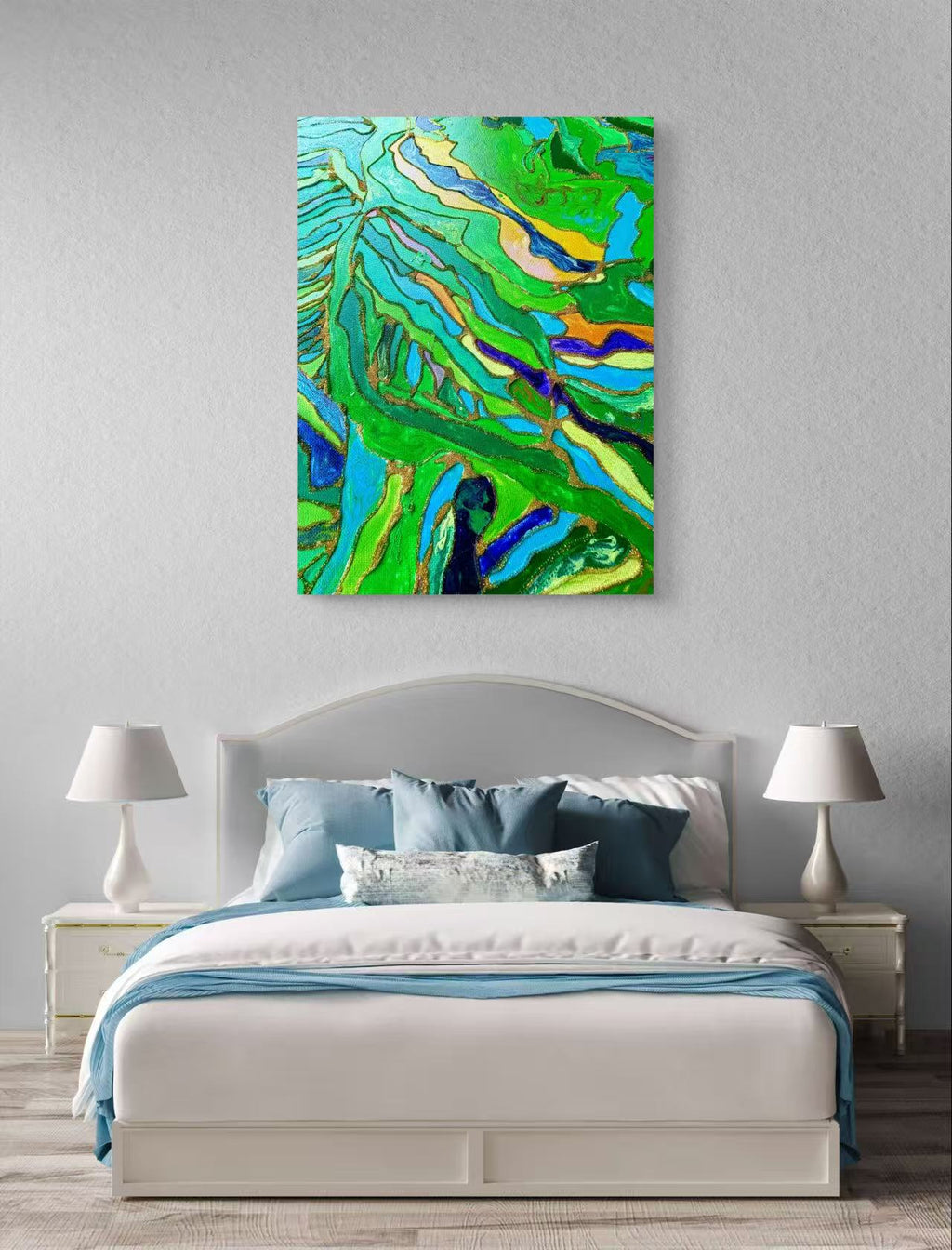 🌿 Spring Fields Textured Wall Art – Hand-Painted Gold Outline Green Landscape Painting