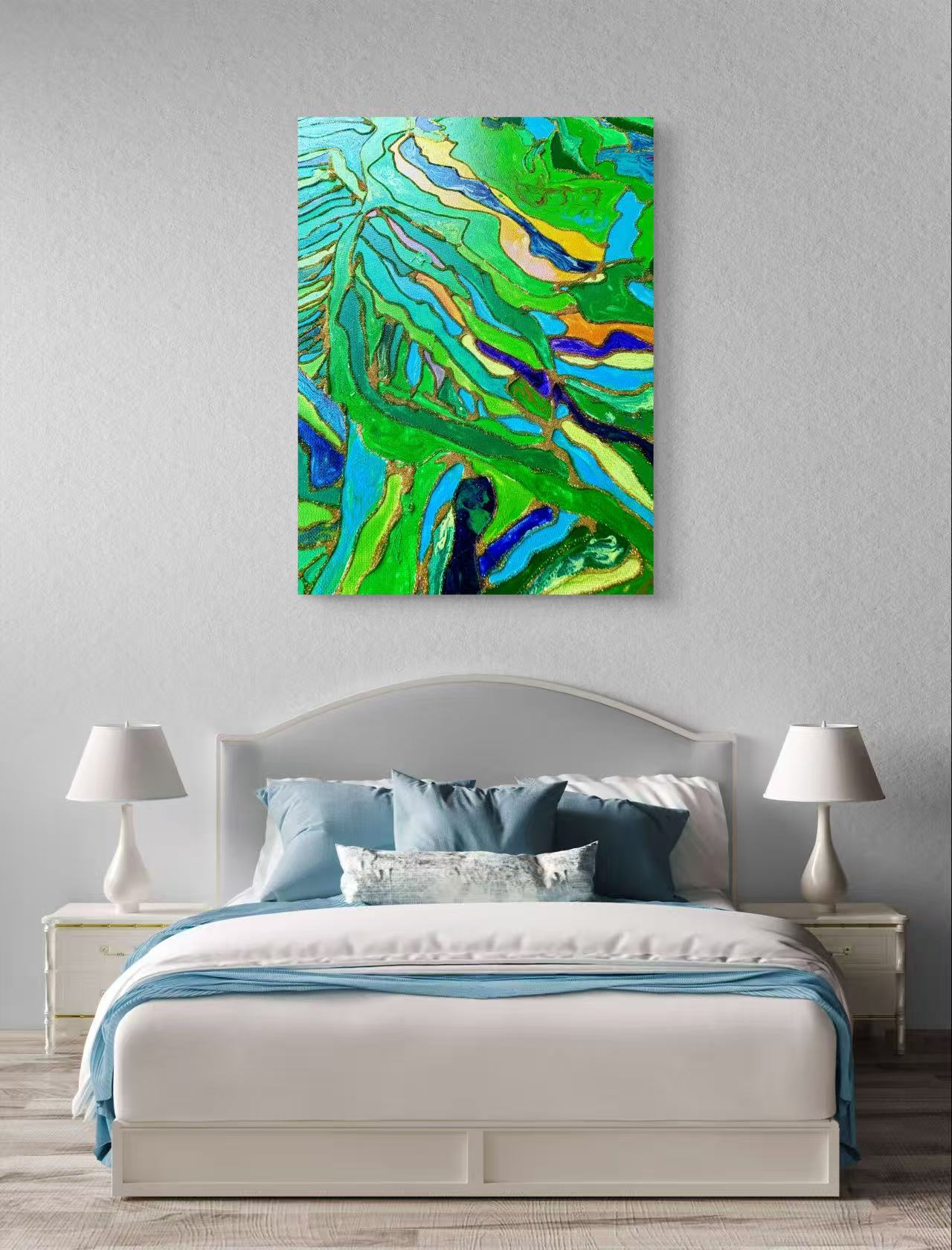 🌿 Spring Fields Textured Wall Art – Hand-Painted Gold Outline Green Landscape Painting