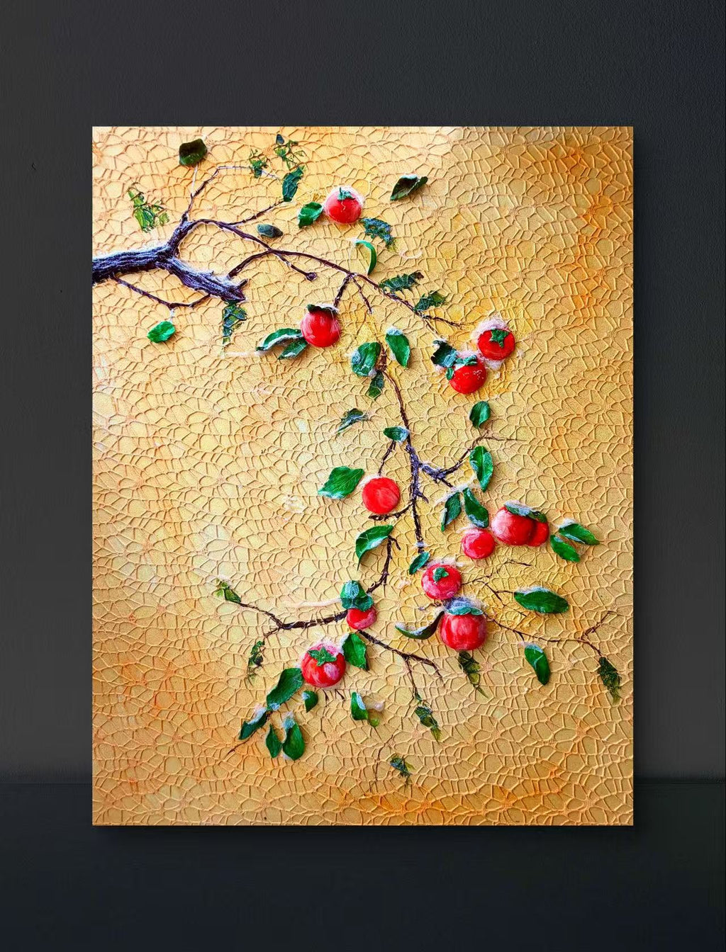 🍊 Persimmon Blessings 3D Textured Wall Art – Handcrafted Good Fortune Painting for Home Decor