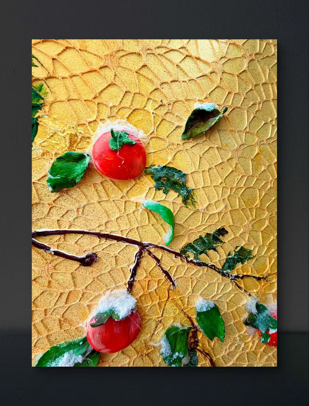 🍊 Persimmon Blessings 3D Textured Wall Art – Handcrafted Good Fortune Painting for Home Decor