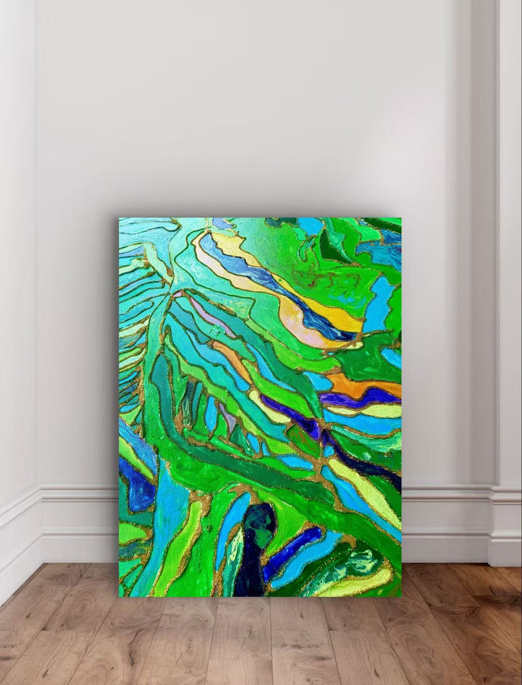 🌿 Spring Fields Textured Wall Art – Hand-Painted Gold Outline Green Landscape Painting