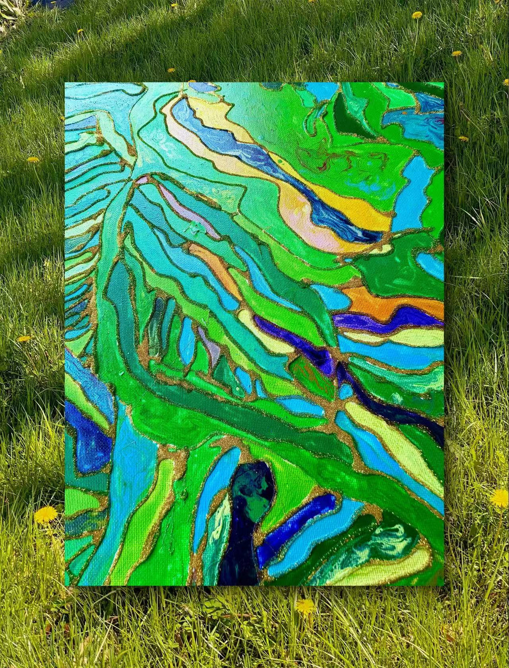 🌿 Spring Fields Textured Wall Art – Hand-Painted Gold Outline Green Landscape Painting