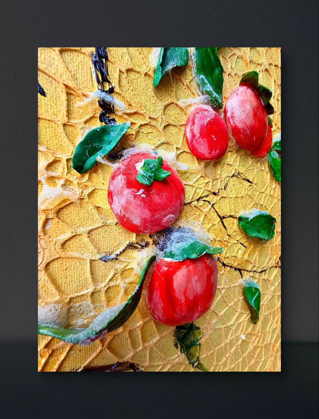 🍊 Persimmon Blessings 3D Textured Wall Art – Handcrafted Good Fortune Painting for Home Decor