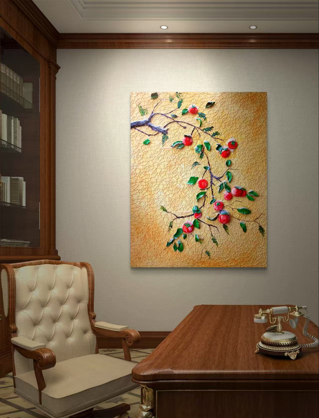 🍊 Persimmon Blessings 3D Textured Wall Art – Handcrafted Good Fortune Painting for Home Decor
