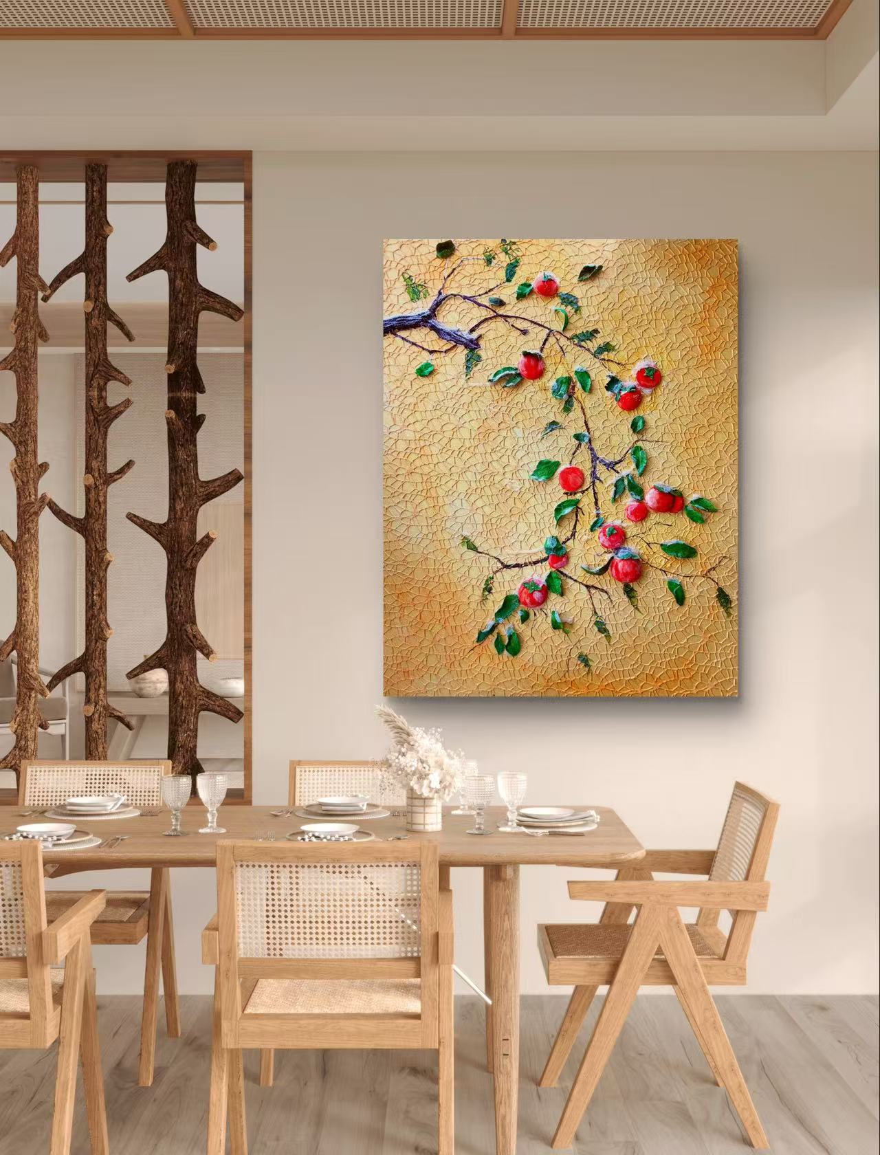 🍊 Persimmon Blessings 3D Textured Wall Art – Handcrafted Good Fortune Painting for Home Decor