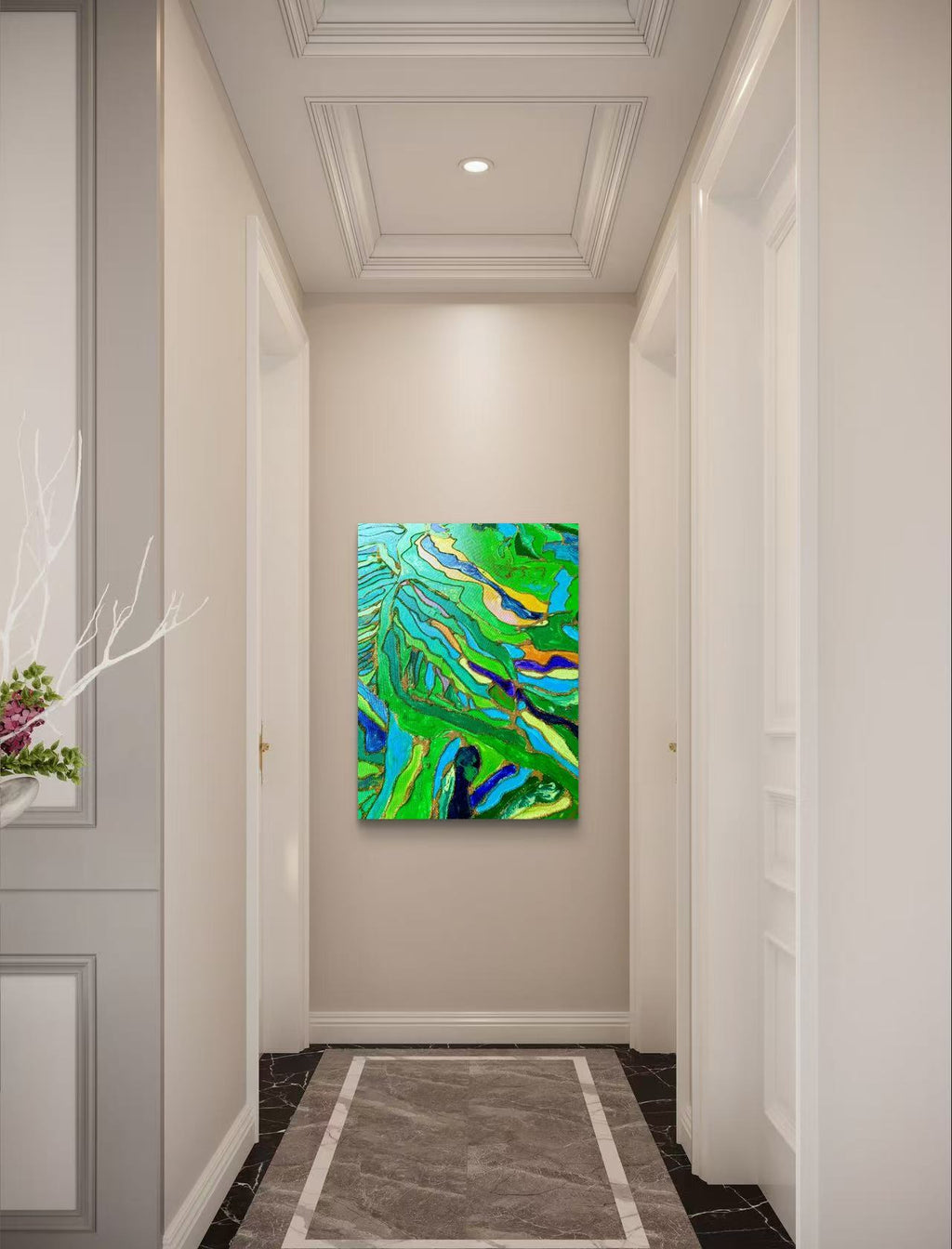 🌿 Spring Fields Textured Wall Art – Hand-Painted Gold Outline Green Landscape Painting