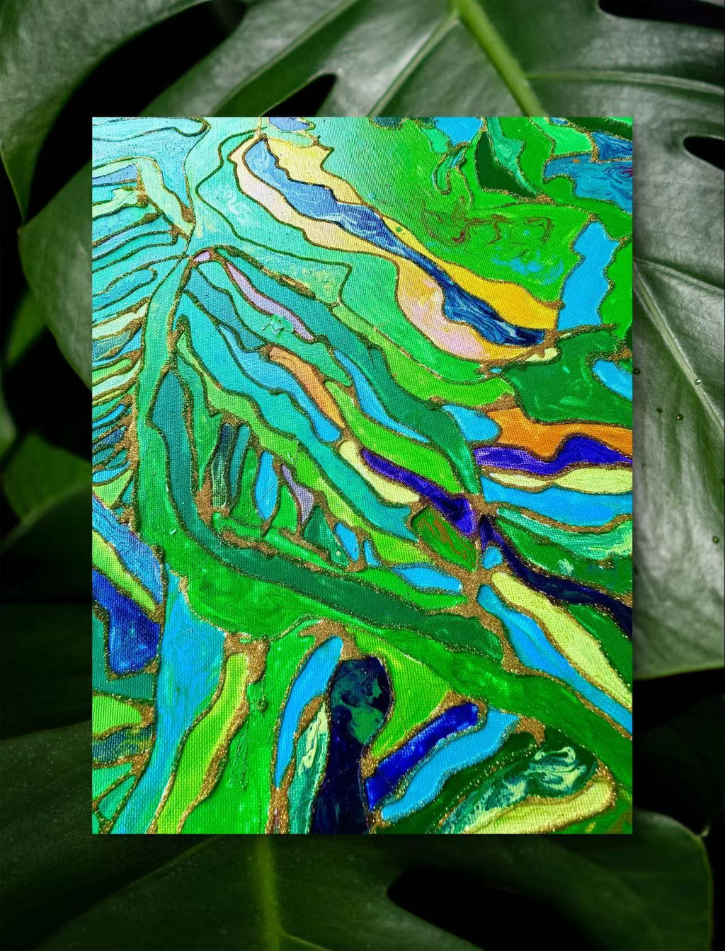 🌿 Spring Fields Textured Wall Art – Hand-Painted Gold Outline Green Landscape Painting