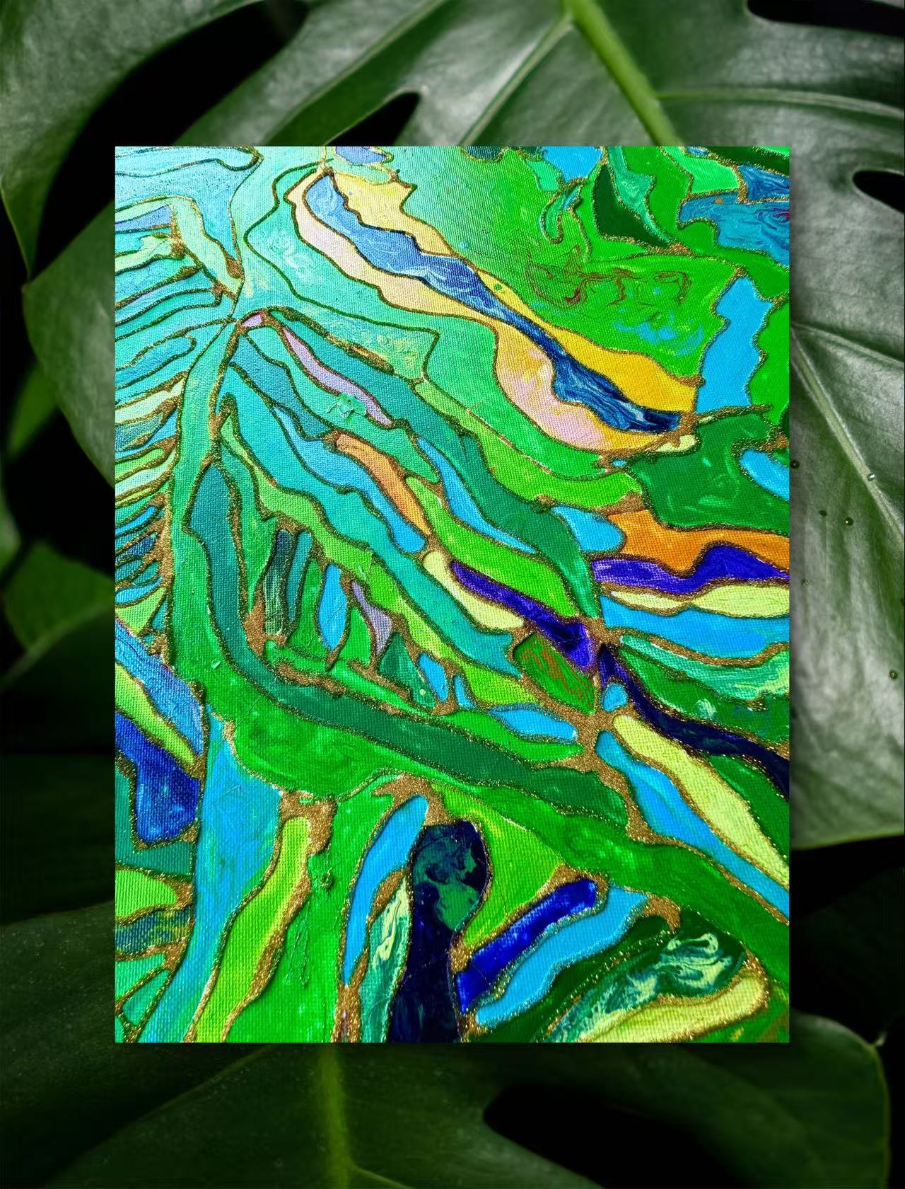 🌿 Spring Fields Textured Wall Art – Hand-Painted Gold Outline Green Landscape Painting