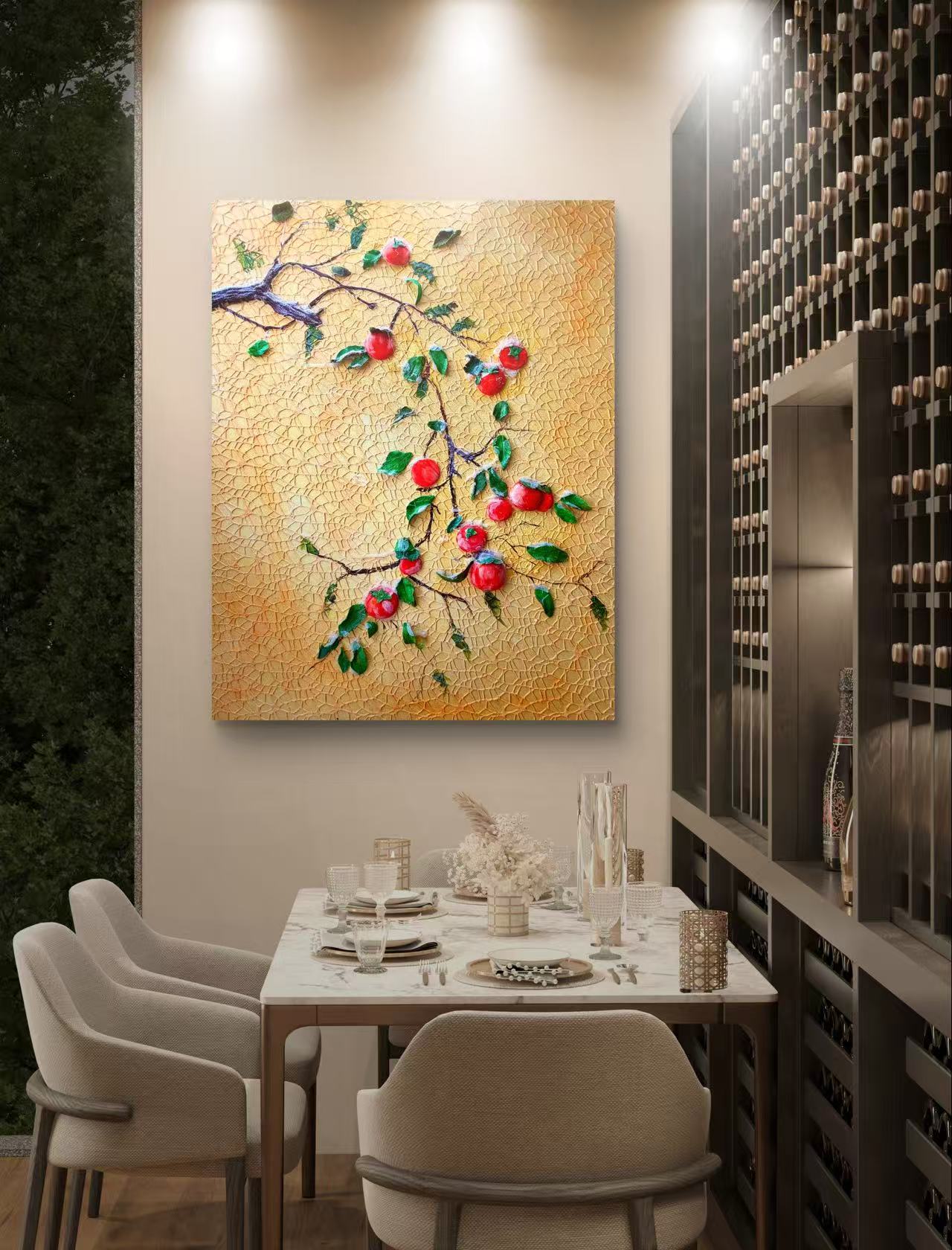 🍊 Persimmon Blessings 3D Textured Wall Art – Handcrafted Good Fortune Painting for Home Decor