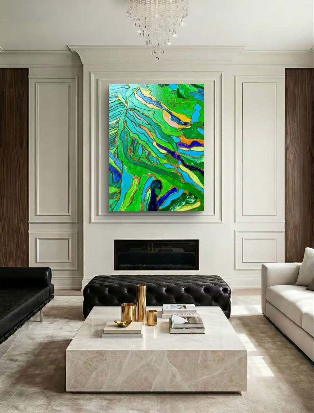 🌿 Spring Fields Textured Wall Art – Hand-Painted Gold Outline Green Landscape Painting