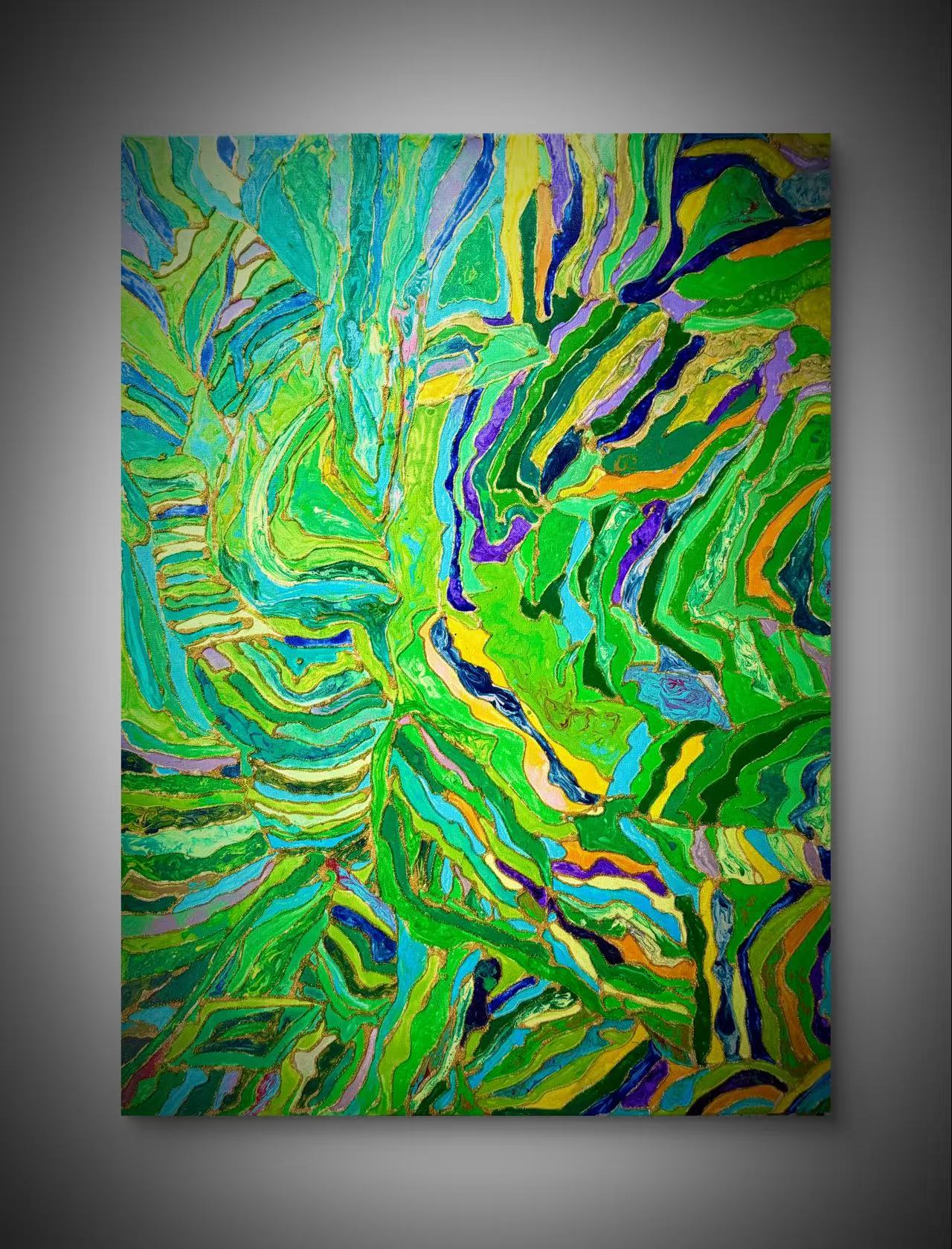 🌿 Spring Fields Textured Wall Art – Hand-Painted Gold Outline Green Landscape Painting
