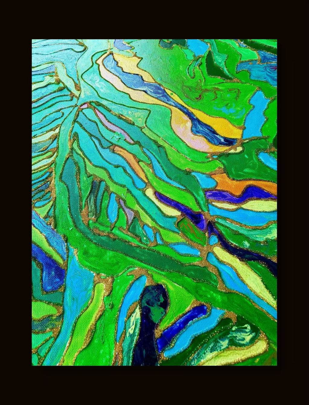 🌿 Spring Fields Textured Wall Art – Hand-Painted Gold Outline Green Landscape Painting