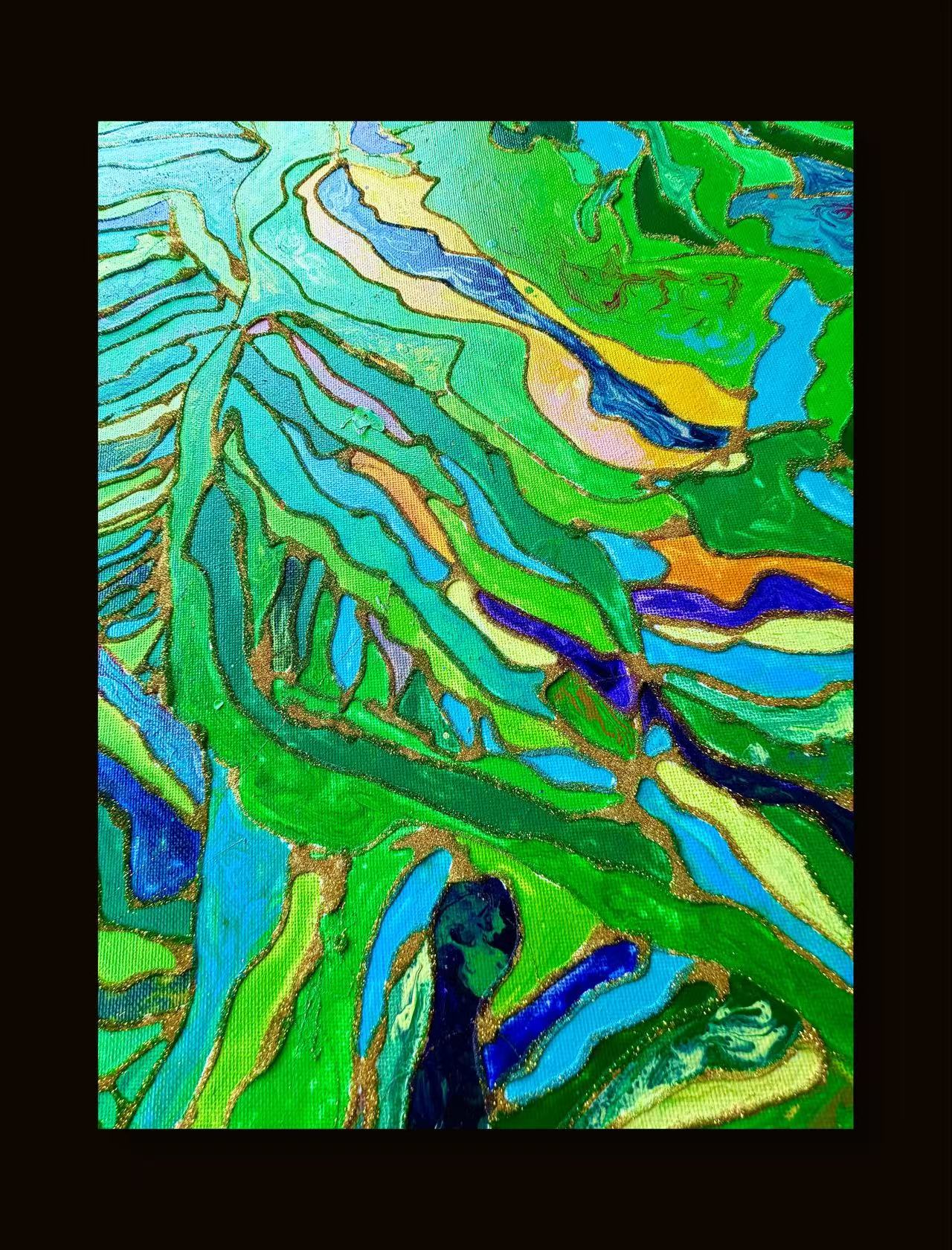 🌿 Spring Fields Textured Wall Art – Hand-Painted Gold Outline Green Landscape Painting