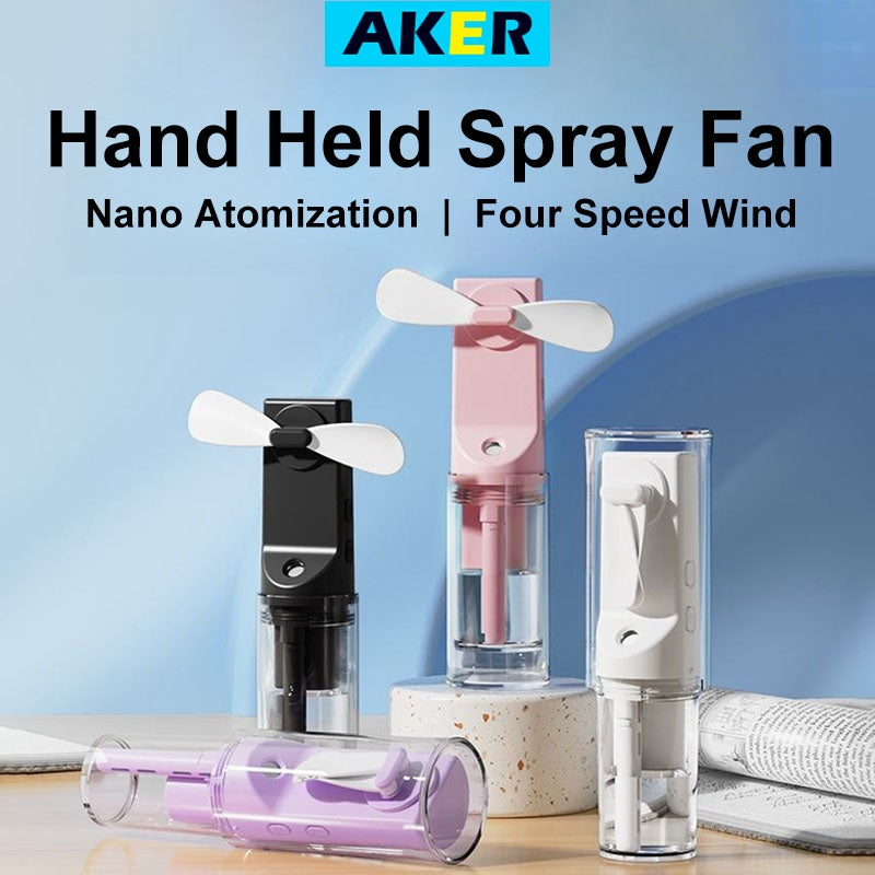 Aker Portable Mini Spray Fan Rechargeable Small Electric Fan Humidifier Cooler 4 Speeds Adjustable