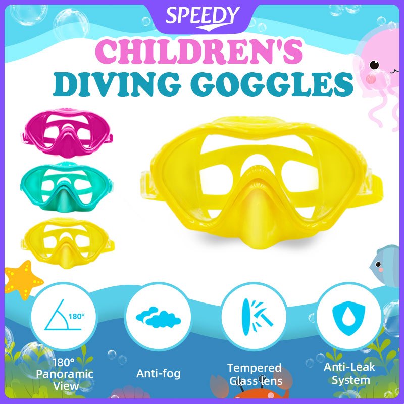Speedy Diving Mask Tempered Glass Goggles Children Swimming Diving Anti Leak Silicone 180° Wide View